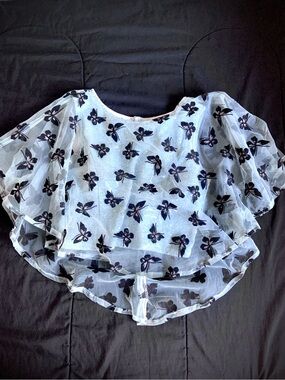 Sheer Floral Overlay Women's Top - Light Blue with Navy Embroidery